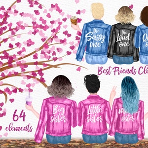 Best Friends Clipart: "JEANS JACKET GIRLS" Bff clipart Mug designs Customizable clipart Custom besties Sisters clipart Bridesmaid gift