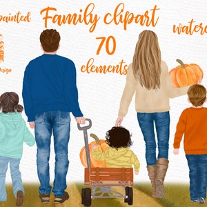 Clipart de otoño: "FAMILY CLIPART" Padres con niños Clipart de Acción de Gracias Clipart de otoño Clipart de otoño Vintage Family Custom Pumpkin clipart planner clipart