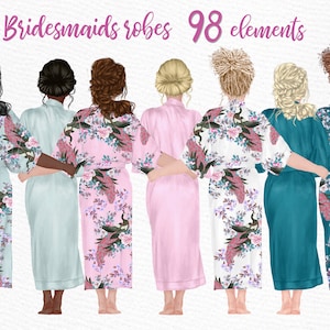 May include: Seven bridesmaids wearing floral print robes in different colors, including light blue, pink, white, and teal. The robes have a kimono style with long sleeves and a sash. The text "Bridesmaids robes 98 elements" is at the top of the image.