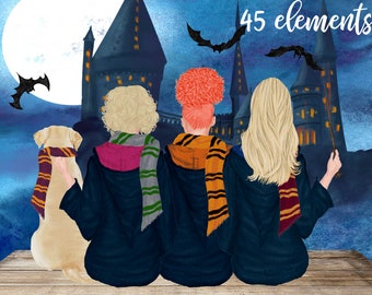 Wizard  clipart: "GIRLS CLIPART" Wizard Girls Wizard Landscape Wizard Watercolor Dog clipart Magic Wand  Mug design Customizable clipart