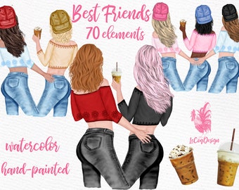 Best Friends Clipart: "GIRLS CLIPART" Bff clipart  Customizable clipart Custom besties Soul Sisters Girls with caps Mug design Girl Png