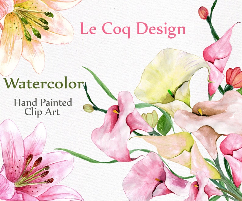 May include: Watercolour clip art featuring hand-painted pink lilies and white calla lilies with green leaves. The text "Le Coq Design" and "Watercolor Hand Painted Clip Art" is included in the image.