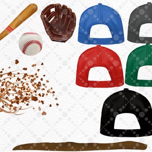 May include: A set of five baseball caps in different colors: blue, black, red, green, and black. The caps have a mesh back and a blank front panel. There is also a baseball, a wooden bat, and a brown leather baseball glove in the image.