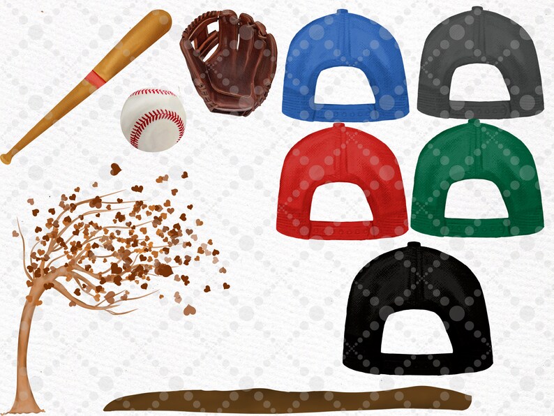 May include: A set of five baseball caps in different colors: blue, black, red, green, and black. The caps have a mesh back and a blank front panel. There is also a baseball, a wooden bat, and a brown leather baseball glove in the image.