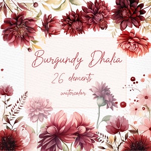 Clipart fleurs bordeaux : « FLEURS DE DHALIA BOURGOGNE » Bouquets bordeaux Graphismes de mariage Fleurs aquarelles coins floraux bordeaux Png