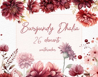 Burgundy Dahlia Flowers Clipart: Watercolor Floral Graphics (PNG)