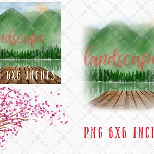 May include: Watercolor painting of a lake scene with mountains in the background. The text "landscape" is written in cursive across the top of the image. The image is 6x6 inches and is available in JPG and PNG formats.