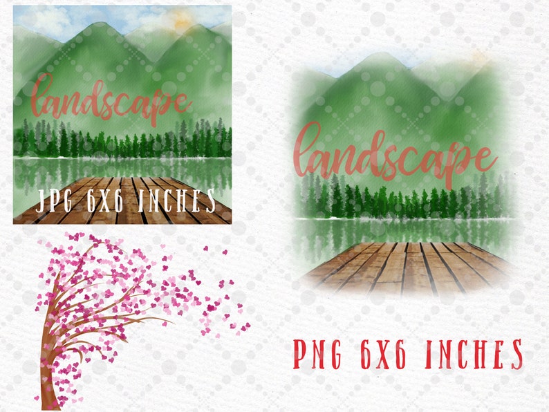 May include: Watercolor painting of a lake scene with mountains in the background. The text "landscape" is written in cursive across the top of the image. The image is 6x6 inches and is available in JPG and PNG formats.