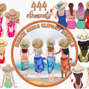 Sommer Mädchen Bundle: "BEACH GIRLS CLIPART" Beste Freunde Clipart Strand Strohhut Bademode Mädchen Schwimmsuiten Strandschals Urlaub Clipart