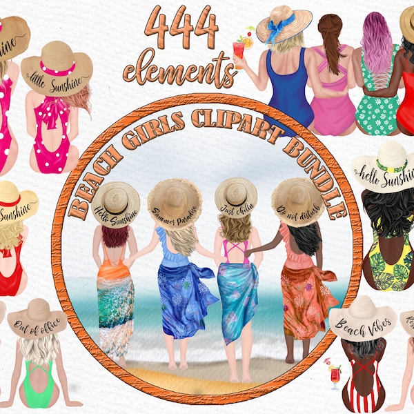 Summer Girls Bundle: "BEACH GIRLS CLIPART" Best Friends clipart Beach straw hat Swimwear girl Swiming suites Beach scarfs Vacation clipart