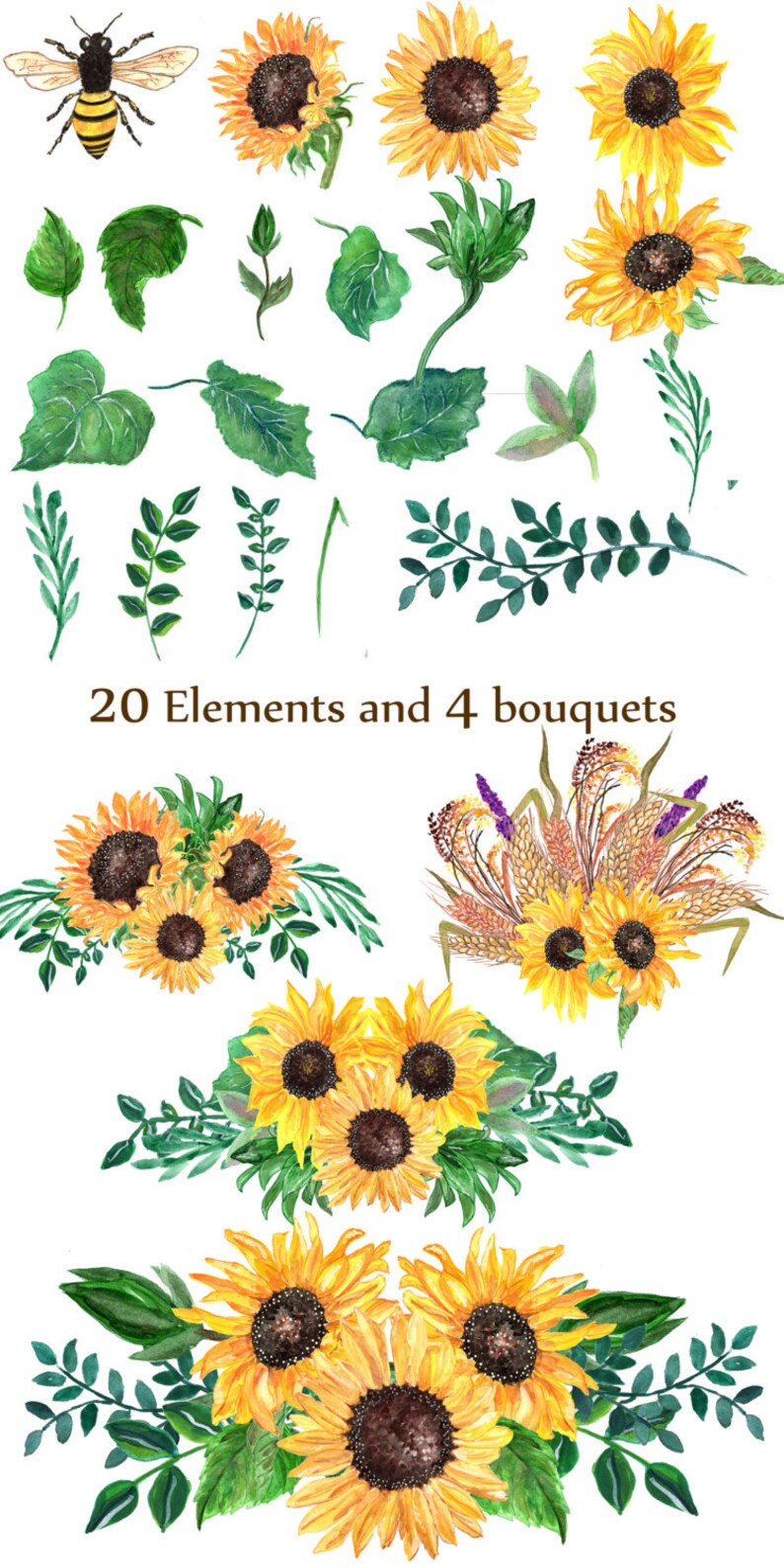 May include: Watercolor illustration of sunflowers and leaves. The illustration includes 20 individual elements and 4 bouquets of sunflowers. The sunflowers are yellow with brown centers and the leaves are green.