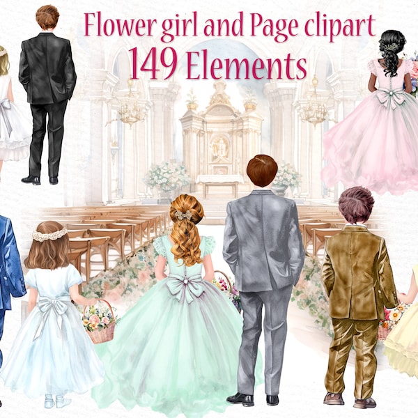 Acuarela Página Niño Clipart: "FLOWER GIRL CLIPART" Boda Clipart Día de la boda Primera Comunión Santa Comunión Niño en traje Chica en vestido Png