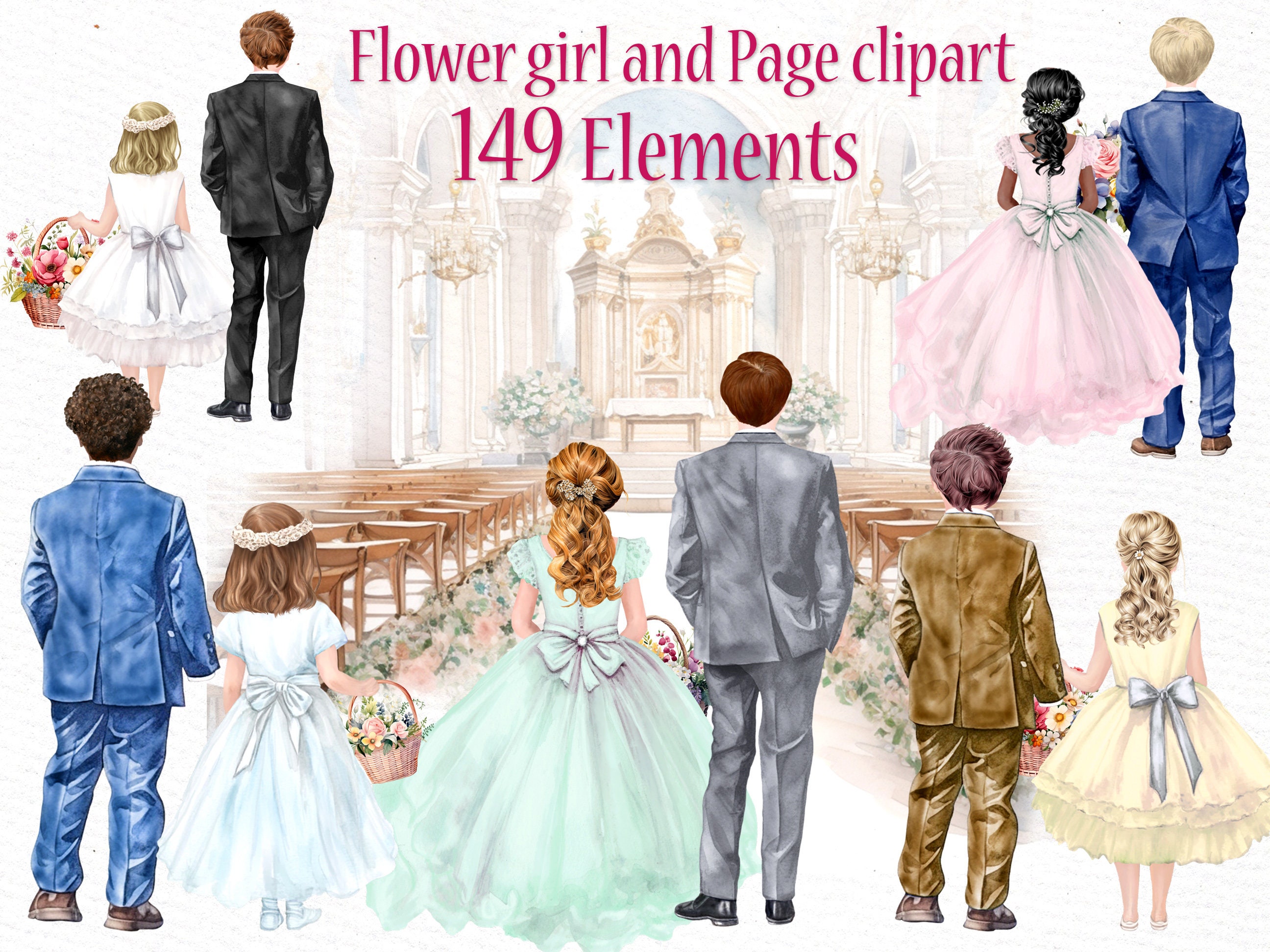 Watercolor Page Boy Clipart: "FLOWER GIRL CLIPART" Wedding Clipart Wedding Day First Communion Holy Communion Boy in suit Girl in Gown Png