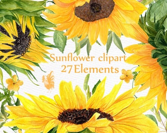 Sunflower Watercolor clipart: "SUNFLOWER CLIP ART" Wedding clipart Floral clipart Separate flowers Diy wedding Greeting Cards Yellow flowers