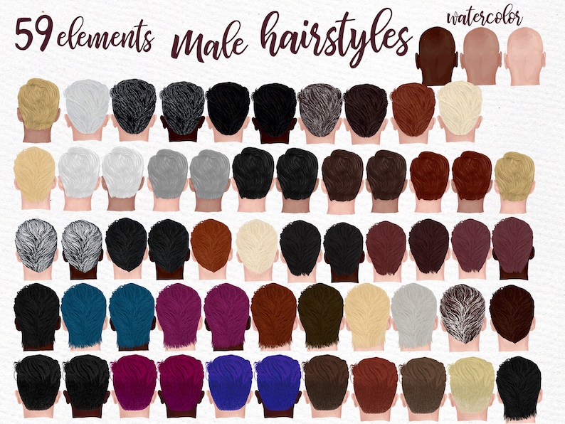 May include: 59 watercolor illustrations of different male hairstyles, viewed from the back. The hairstyles are in various colors, including black, brown, gray, blonde, red, blue, and purple.