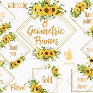 Clipart de molduras geométricas: "QUADROS DE GIRASSÓIS" Flores em aquarela Moldura floral moderna Clipart de casamento Molduras florais de casamento Flores de girassol