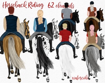 May include: Six people riding horses, all facing away from the viewer. The horses are brown, black, white, and gray. The riders are wearing casual clothing, including jeans, vests, and shirts. The image is titled "Horseback Riding 62 elements watercolor".