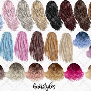 May include: A set of 20 digital illustrations of different hairstyles for women. The hairstyles are all long and flowing, with various colors and styles. The illustrations are in a cartoon style and are perfect for use in digital projects.
