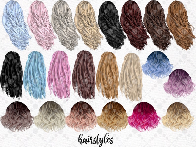 May include: A set of 20 digital illustrations of different hairstyles for women. The hairstyles are all long and flowing, with various colors and styles. The illustrations are in a cartoon style and are perfect for use in digital projects.