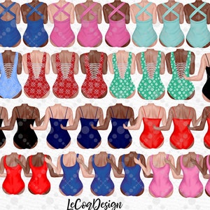 May include: A set of 24 digital illustrations of women wearing different styles of one-piece swimsuits. The swimsuits are in various colours and patterns, including red, blue, black, green, and white.