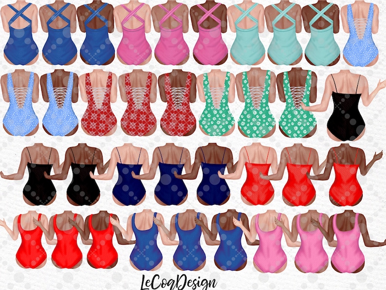 May include: A set of 24 digital illustrations of women wearing different styles of one-piece swimsuits. The swimsuits are in various colours and patterns, including red, blue, black, green, and white.