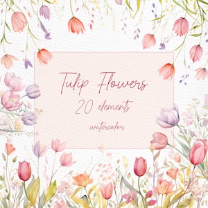 Watercolor Tulips clipart: "TULIP FLOWERS CLIPART" Watercolor flowers Wedding invitations Premade Clipart Spring Flowers Png Floral Borders