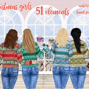 Christmas Girls Clipart: "BEST FRIEND CLIPART" Christmas Mug design Customizable clipart Bff clipart matching sweaters Girls with coffee