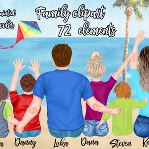 Imágenes prediseñadas familiares: "PADRES Y NIÑOS" Familia sentada Beach Landscape Papá papá niños acuarelas personas hermanos clipart family mug diseños