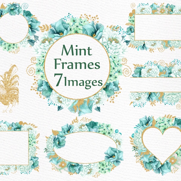 Gold Mint flower frames clipart: "WATERCOLOR CLIPART" Wedding frames Gold glitter floral Teal flowers Turquoise Flowers Diy wedding invites