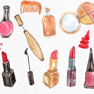 May include: A collection of watercolor illustrations of makeup and beauty products, including a red nail polish bottle, a wooden makeup brush, a black mascara wand, a brown foundation bottle, a compact mirror, a palette of eyeshadows, a red lipstick, a brown lipstick, a red lip gloss, and a black nail polish bottle.