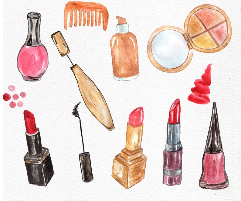 May include: A collection of watercolor illustrations of makeup and beauty products, including a red nail polish bottle, a wooden makeup brush, a black mascara wand, a brown foundation bottle, a compact mirror, a palette of eyeshadows, a red lipstick, a brown lipstick, a red lip gloss, and a black nail polish bottle.