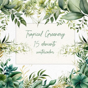 Tropisches Grün Clipart: "WASSERFARBE GRÜN CLIPART" Tropische Hochzeit Clipart Tropische Blätter Monstera Clipart Tropische Rahmen Clipart