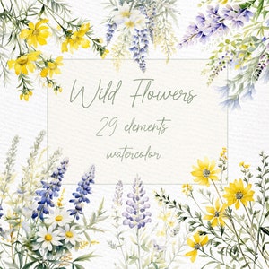 Clipart floreale selvaggio: "FIORI DI PRIMAVERA PNG" Fiori ad acquerello Primavera floreale Png Campo Prato Fiori Png Bordi floreali Png Clipart preconfezionato