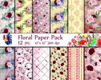 Watercolor floral digital papers: "FLORAL BACKGROUND" Shabby Chic papers Floral patterns Wedding invites DIY wedding Printable flowers