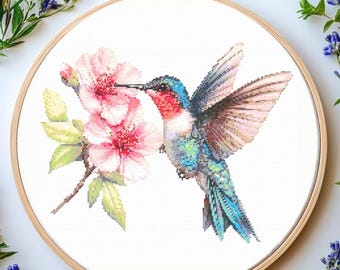 Hummingbird and Flowers Cross Stitch Pattern: Modern Bird Design (PDF)