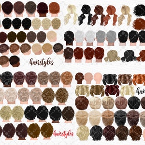 May include: A collection of 100 different hairstyles for digital art and design. The hairstyles are shown in various colors and styles, including short, medium, and long hair. The hairstyles are perfect for creating unique and personalized characters.