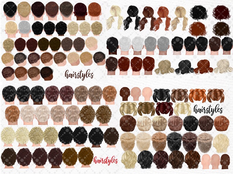 May include: A collection of 100 different hairstyles for digital art and design. The hairstyles are shown in various colors and styles, including short, medium, and long hair. The hairstyles are perfect for creating unique and personalized characters.