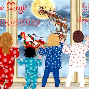 Clipart de Navidad: "SANTA WINDOW" Ventana de Navidad Niños en ventana Sublimación clipart Niños personalizables Gráficos navideños Flying Santa