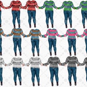 May include: A digital illustration of 12 women wearing different patterned sweaters and blue jeans. The women are holding hands and standing in a line. The background is white.