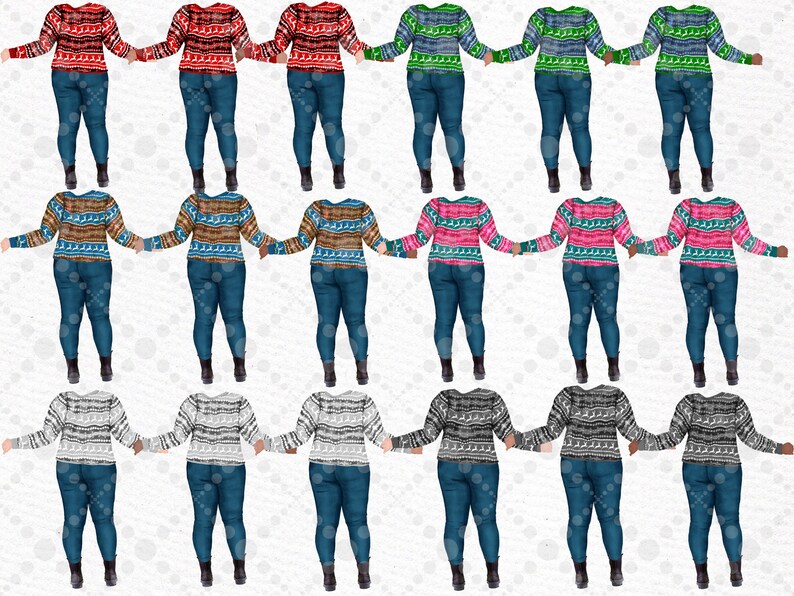 May include: A digital illustration of 12 women wearing different patterned sweaters and blue jeans. The women are holding hands and standing in a line. The background is white.