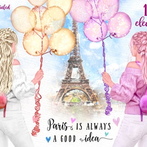 Clipart de chicas: "BEST FRIENDS CLIPART" Chicas en París Sublimación Clipart de viaje Clipart personalizable Chica con globos Clipart personalizado