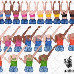 May include: A digital illustration of 15 women wearing different colored tank tops and denim shorts. The women are in various poses with their arms raised.