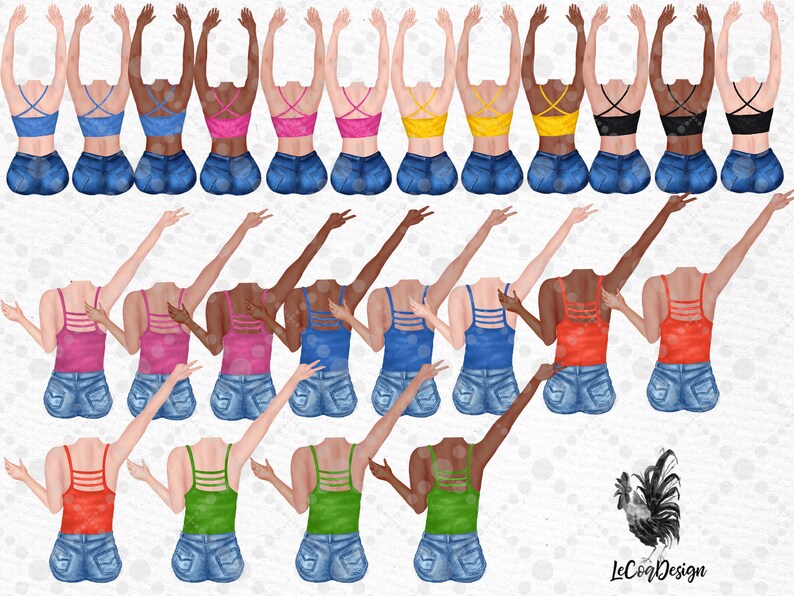 May include: A digital illustration of 15 women wearing different colored tank tops and denim shorts. The women are in various poses with their arms raised.