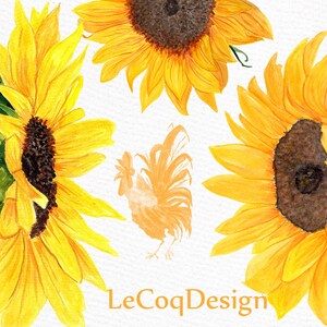 K&ouml;nnte beinhalten: Aquarellmalerei von drei gelben Sonnenblumen mit braunen Zentren und einem Hahn in der Mitte. Die Sonnenblumen haben gr&uuml;ne Stiele und Bl&auml;tter. Der Hahn ist orange und wei&szlig;. Der Hintergrund ist wei&szlig;.
