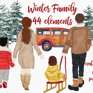 Clipart de Noël: « FAMILY CLIPART » Famille d’hiver Voiture de Noël Cartes de Noël Forêt de pins Parents et enfants Mug design Graphiques de Noël