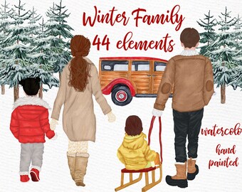 Christmas clipart: "FAMILY CLIPART" Winter family Christmas Car Christmas Cards Pine Tree Forest Parents and kids Mug design Xmas Graphics