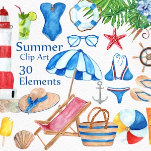Acuarela de verano imágenes prediseñadas: imágenes prediseñadas "Gráfico náutica" playa acuarela playa Clip arte bola de playa mar Shell Bikini verano ilustraciones