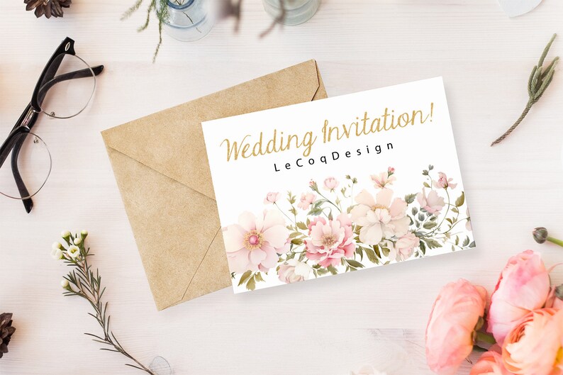 May include: A white card with gold lettering that reads "Wedding Invitation! LeCoqDesign". The card is decorated with a watercolor floral border of pink and white flowers.