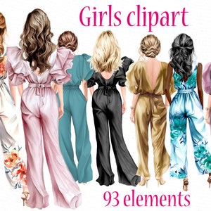 Imágenes prediseñadas de chicas: "CHICAS EN JUMPSUITS" Chicas de moda Imágenes prediseñadas personalizables Mejores amigos Clipart Chica Ilustración Chicas elegantes Retrato personalizado