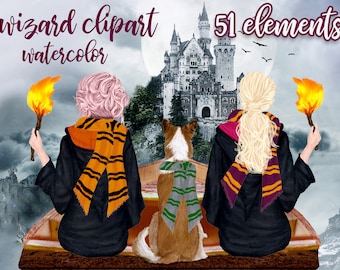 Wizard  clipart: "GIRLS CLIPART" Wizard Girl Wizard Landscape Dog clipart Magic Wand Mug design Wizard sisters Wizard friends Wizard invites